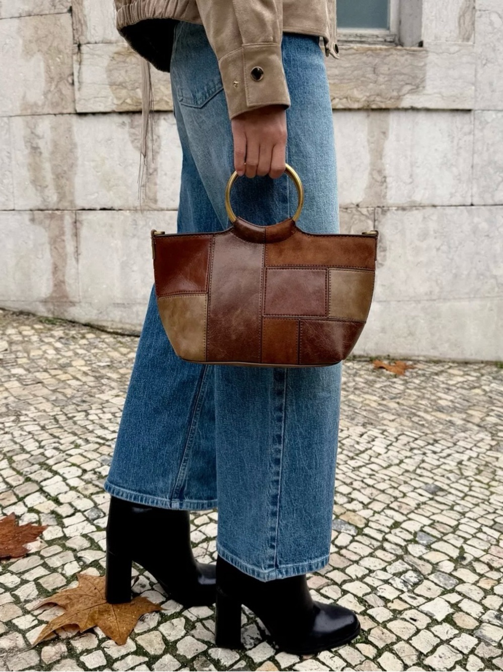 NWT ZARA PATCHWORK RIGID HANDLE MINI BUCKET BAG